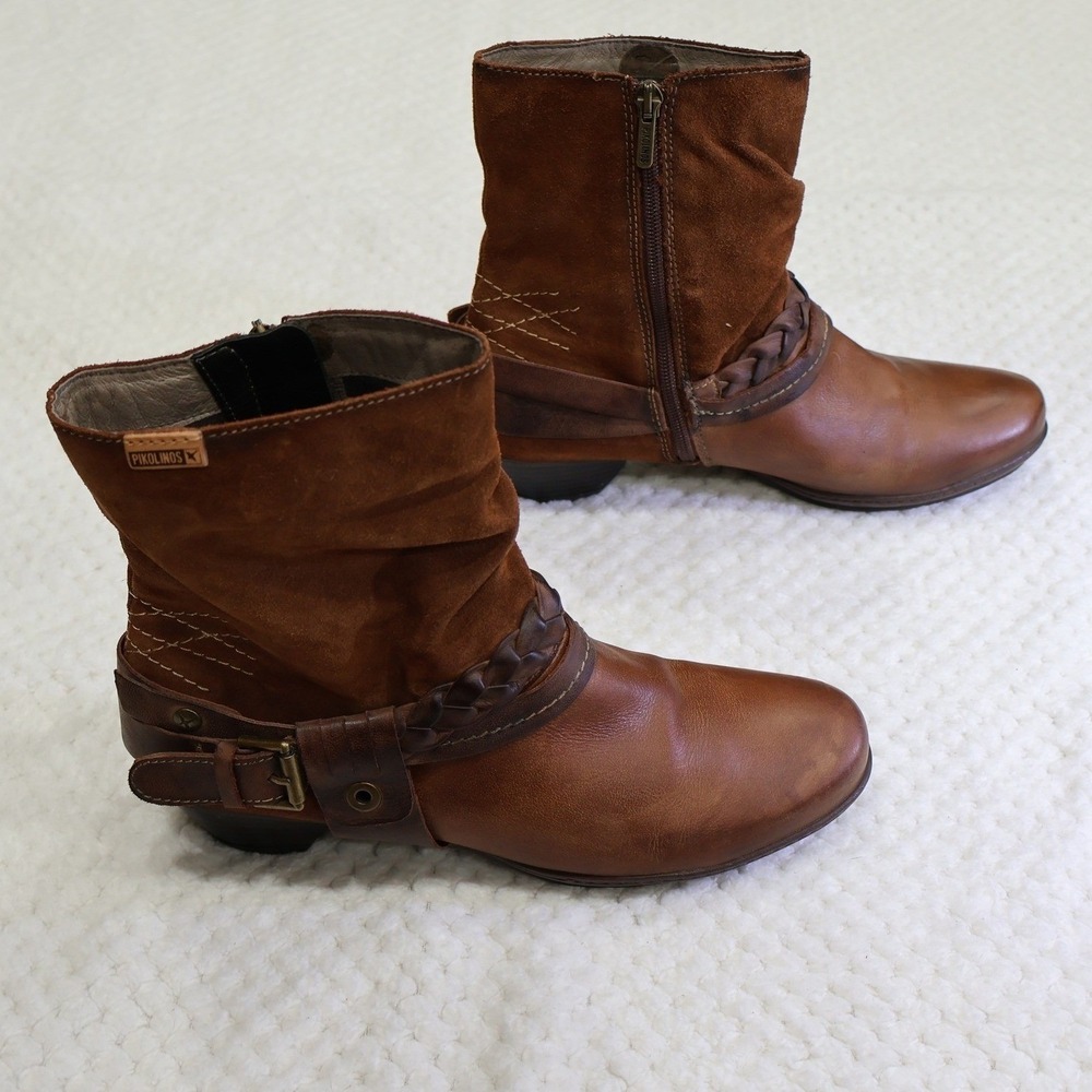 Pikolinos Womens 40 Ankle Boots Brown Leather Suede Braided Buckle Slouchy Boot